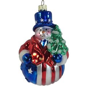 Lao Mai Blown Glass Vintage Patriotic Snowman Christmas Ornament 5.625" Tall